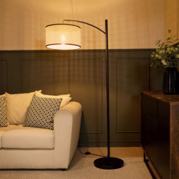 ValueLights Preto Black and Natural Cane Shade Metal LED Floor Lamp - Cream - Wilko - thumbnail 4