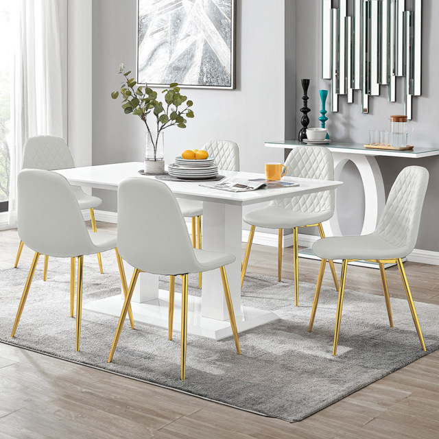 Furniturebox Molini Solara 6 Seater Dining Set White Gloss and Gold - Wilko - image 1