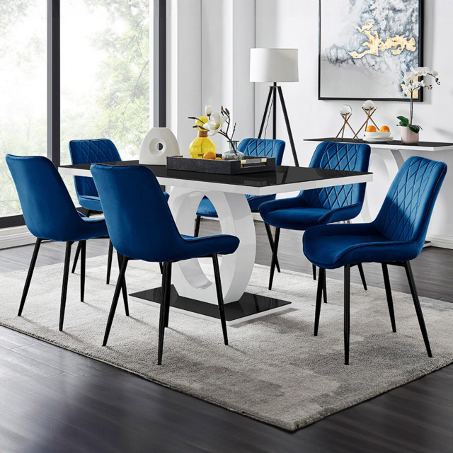 Furniturebox Lucia Cesano 6 Seater Dining Set Black Gloss and Navy - Blue - Wilko - image 1