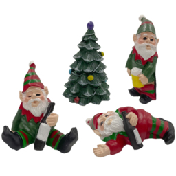 Groundlevel 4 Piece Naughty Drunken Elf Gnome and Christmas Tree Set - Size: 12 x 8 x 10cm - Multi - Wilko