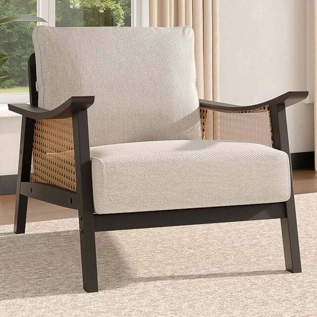 Living and Home Black Fabric Cushion Mid Century Rattan Chair - Size: Single - Wilko - image 1