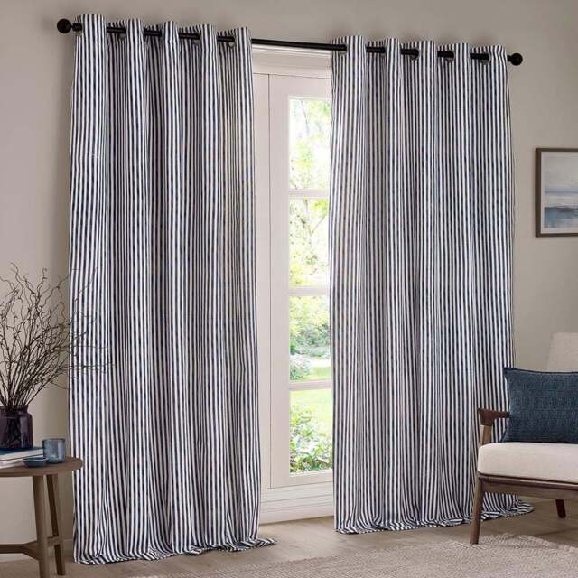 Yard Hebden Blue Striped Cotton Eyelet Curtains 117 x 183cm - Size: 183 x 117 x 1cm - Wilko - image 1