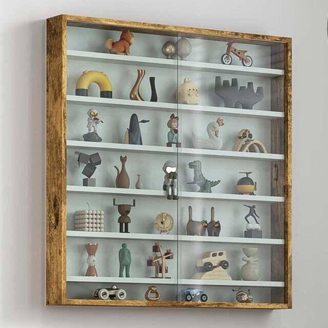 HOMCOM 7 Shelf Rustic Brown Wall Display Cabinet - Size: 83 x 9.5 x 80cm - Wilko - image 1