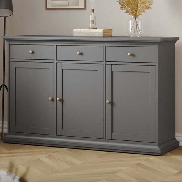 Florence 3 Door 3 Drawer Matt Grey Sideboard - Size: 91.66 x 147.7 x 46.1cm - Furniture To Go - Wilko - image 1