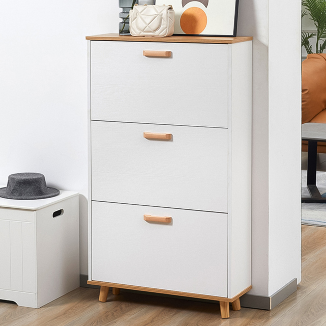 HOMCOM 3 Flip Down Drawer White Slim Shoe Cabinet - Size: 122 x 23.5 cm x 70cm - Wilko - image 1