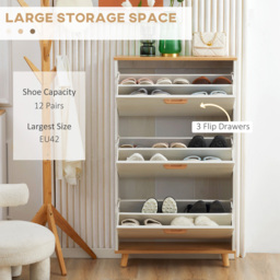HOMCOM 3 Flip Down Drawer White Slim Shoe Cabinet - Size: 122 x 23.5 cm x 70cm - Wilko - thumbnail 5