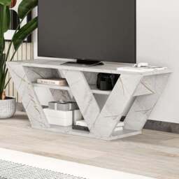 Decortie Pipralla 2 Shelf Gold Marble Effect Modern TV Unit - Size: 40 x 110 x 30cm - Wilko