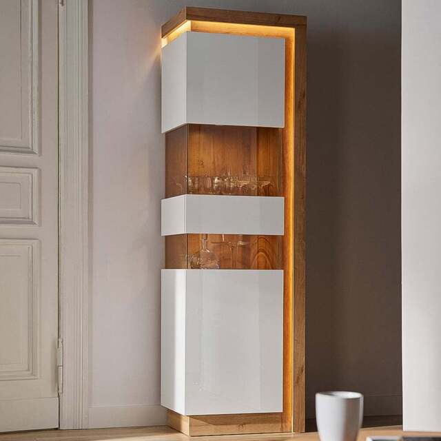 Furniture To Go Lyon White and Riviera Oak Left Hand Tall Narrow Display Cabinet - Size: 42 x 59.7 x 198.1cm - Multi - Wilko - image 1