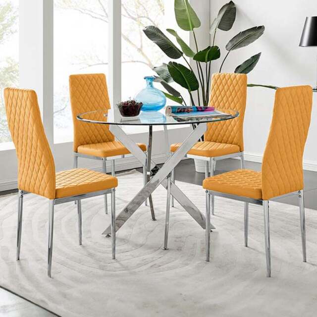 Furniturebox Arona Valera 4 Seater Round Dining Set Mustard Yellow and Chrome - Wilko - image 1