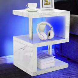 Comfy Living 2 Shelf White Marble Effect High Gloss Abstract LED Side Table - Size: 50 x 44 x 38cm - Wilko