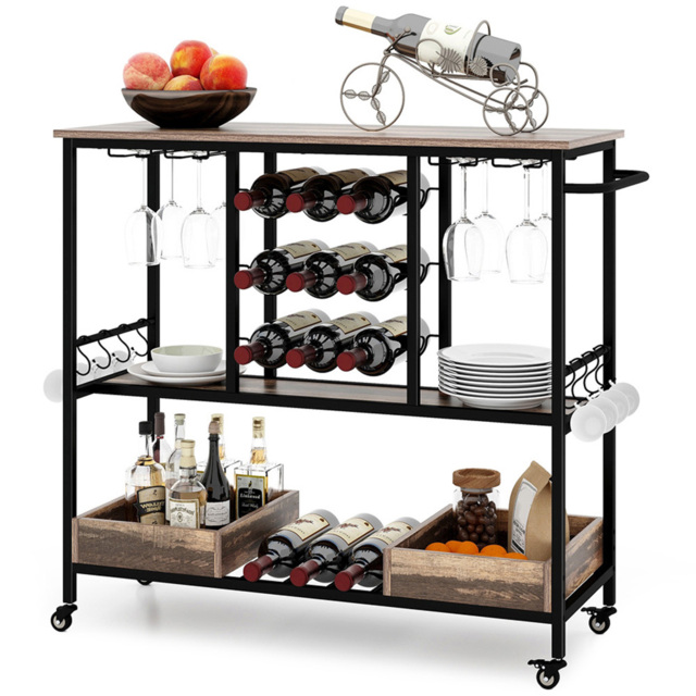 Costway 3 Tier Brown Bar Cart on Wheels with Glass Racks - Size: 108 x 40 x 91cm - Wilko - image 1