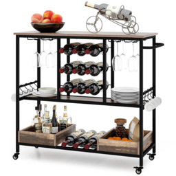 Costway 3 Tier Brown Bar Cart on Wheels with Glass Racks - Size: 108 x 40 x 91cm - Wilko - thumbnail 1