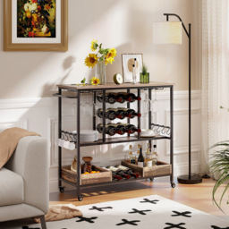 Costway 3 Tier Brown Bar Cart on Wheels with Glass Racks - Size: 108 x 40 x 91cm - Wilko - thumbnail 3