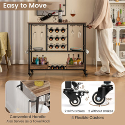 Costway 3 Tier Brown Bar Cart on Wheels with Glass Racks - Size: 108 x 40 x 91cm - Wilko - thumbnail 6