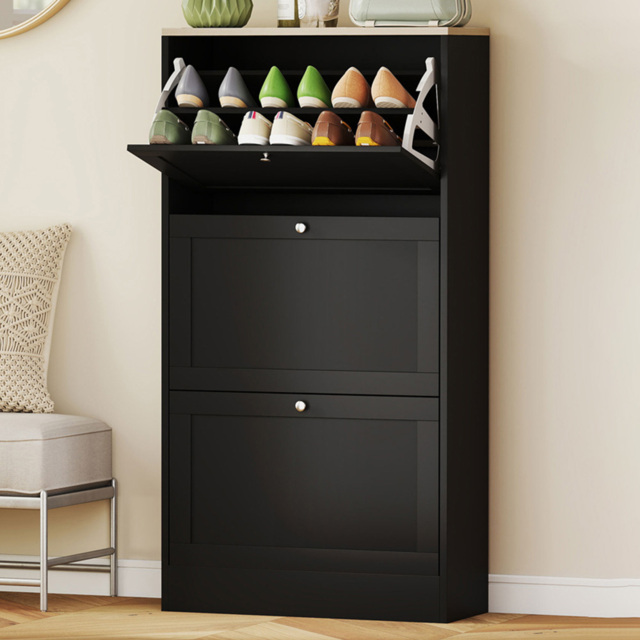 Portland 3 Flip Drawer Black Narrow Shoe Cabinet - Size: 115 x 23.5 x 60cm - Wilko - image 1