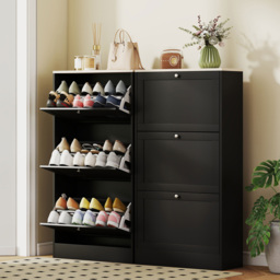 Portland 3 Flip Drawer Black Narrow Shoe Cabinet - Size: 115 x 23.5 x 60cm - Wilko - thumbnail 5