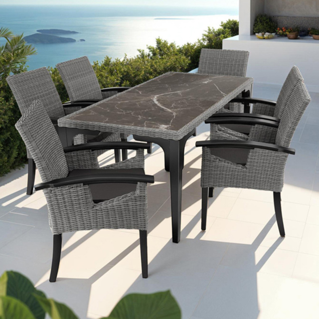 tectake Foggia Rosarno 6 Seater Rattan Garden Dining Set Grey - Wilko - image 1