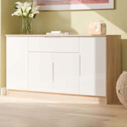Crowndale Milan 4 Door Single Drawer White Gloss and Bardolino Oak Wide Sideboard Ready Assembled - Size: 79 x 144 x 39cm - White Gloss & Bardolino Oa