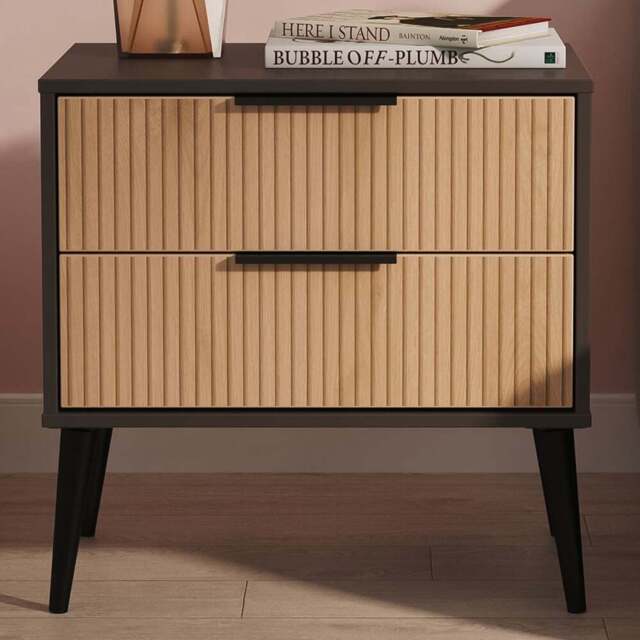 Crowndale Hong Kong 2 Drawer Slatt Effect and Graphite Side Table Ready Assembled - Size: 60 x 58 x 40cm - Slatt Effect & Graphite - Wilko - image 1
