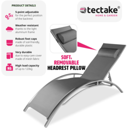 tectake Alina Set of 2 Grey 5 Step Backrest Sun Lounger with Head Cushion - Size: 81.5 x 59 x 180cm - Wilko - thumbnail 7