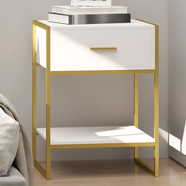 Portland Single Drawer and Shelf White and Gold Bedside Table - Wilko - image 1