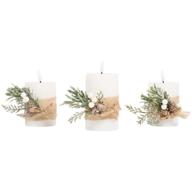Set of 3 Hessian Pine LED Candles - White - Wilko