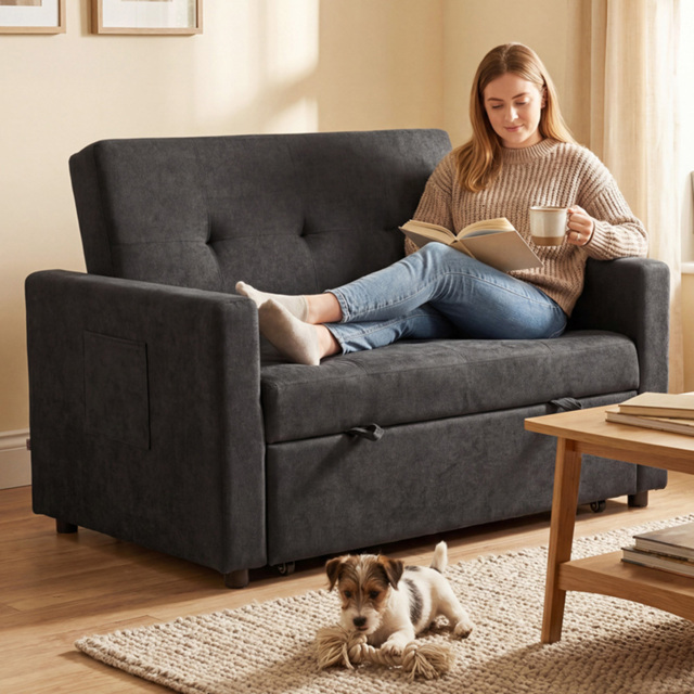 Portland 3-in-1 2 Seater Black Snow Flannel Convertible Sofa Bed with Pillows - Wilko - image 1
