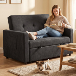 Portland 3-in-1 2 Seater Black Snow Flannel Convertible Sofa Bed with Pillows - Wilko