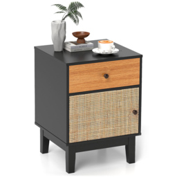 Costway Single Door Single Drawer Black Modern Rattan Nightstand - Wilko - thumbnail 3