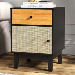 Costway Single Door Single Drawer Black Modern Rattan Nightstand - Wilko