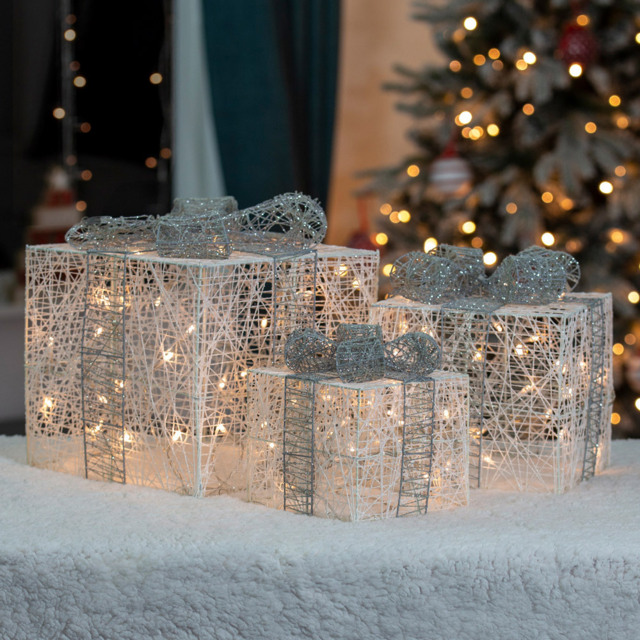 The Christmas Workshop Silver and White LED Gift Box Christmas Decoration 3 Pack - Wilko - image 1
