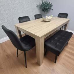 Portland Rocco 6 Seater Modern Velvet Dining Bench Set Oak and Black - Beige - Wilko