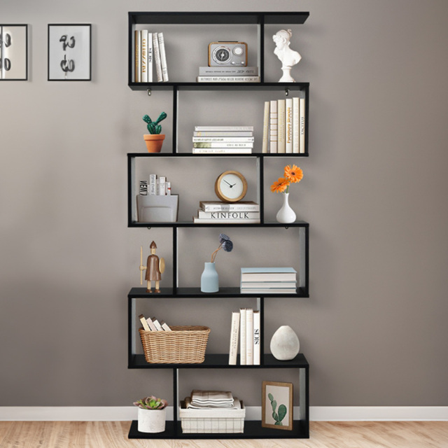 Costway 6 Shelf Black S Shaped Wooden Industrial Bookshelf - Wilko - image 1