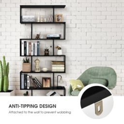 Costway 6 Shelf Black S Shaped Wooden Industrial Bookshelf - Wilko - thumbnail 6