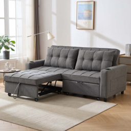 Furniture Online Hudson 3 Seater Grey Linen Sofa Bed with Cupholders - Wilko
