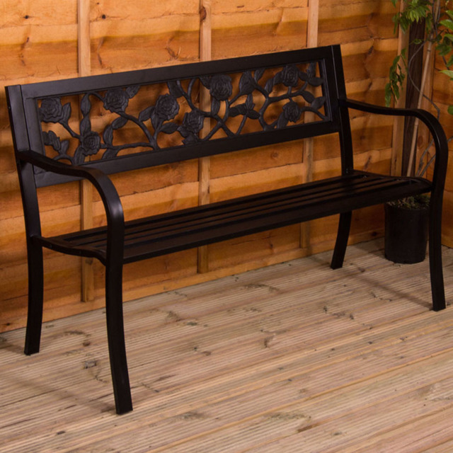 Garden Vida 3 Seater Black Rose Style Steel Garden Bench - Size: 2 Seater - Wilko - image 1