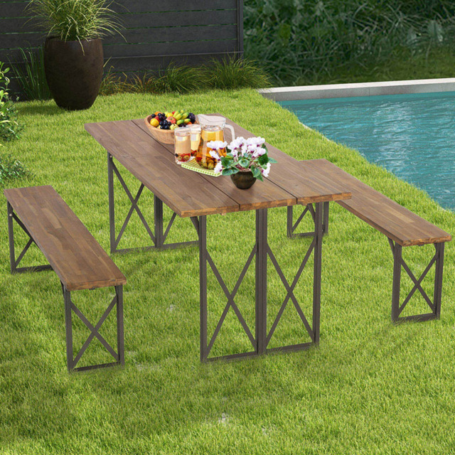 Costway 6 Seater Acacia Wood Outdoor Dining Bench Set with Umbrella Hole 4.5cm - n/a - Wilko - image 1