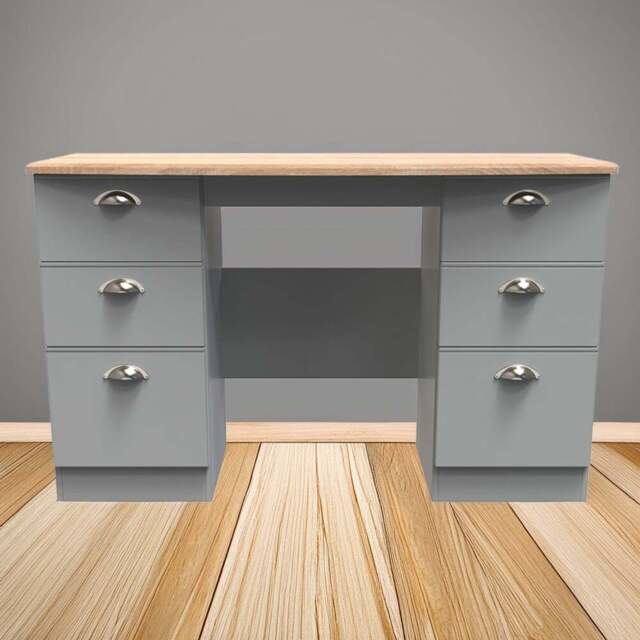 Crowndale Victoria 6 Drawer Dusk Grey and Oak Kneehole Computer Desk - Size: 41.5 x 127.5 x 79.5cm - Wilko - image 1