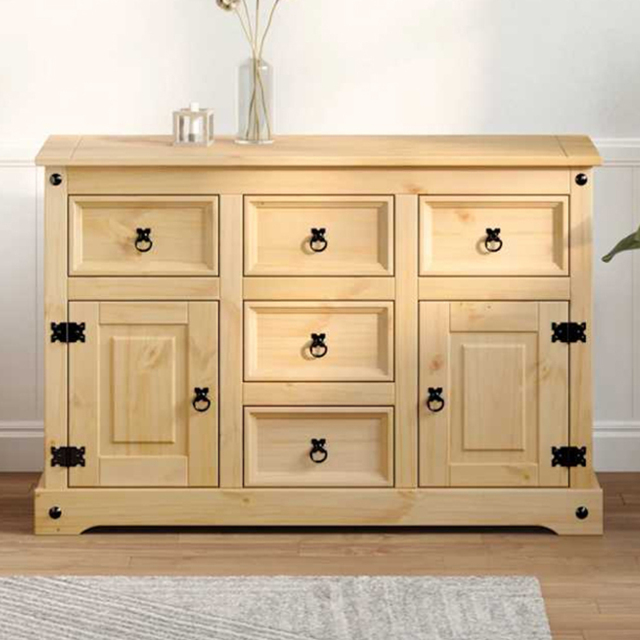 vidaXL Corona 2 Door 5 Drawer Solid Pine Wood Sideboard - Size: 75 x 40 x 112cm - Brown - Wilko - image 1