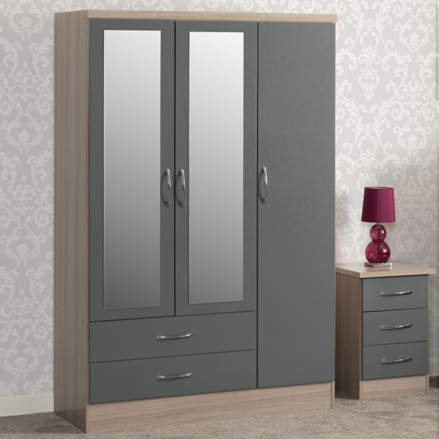Seconique Nevada 3 Door 2 Drawer Grey Gloss and Light Oak Veneer Mirror Wardrobe - Size: 3 Door, 2 Drawer - Wilko - image 1