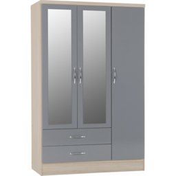 Seconique Nevada 3 Door 2 Drawer Grey Gloss and Light Oak Veneer Mirror Wardrobe - Size: 3 Door, 2 Drawer - Wilko - thumbnail 3