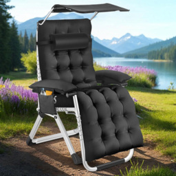 tectake Cirrus Black Folding Plush Padding Sun Lounger with Sun Shade - Size: 168 x 84 x 103cm - Wilko