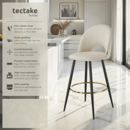 tectake Rachel Cream and Black Velvet Look Bar Stool Set of 2 - Wilko - thumbnail 4