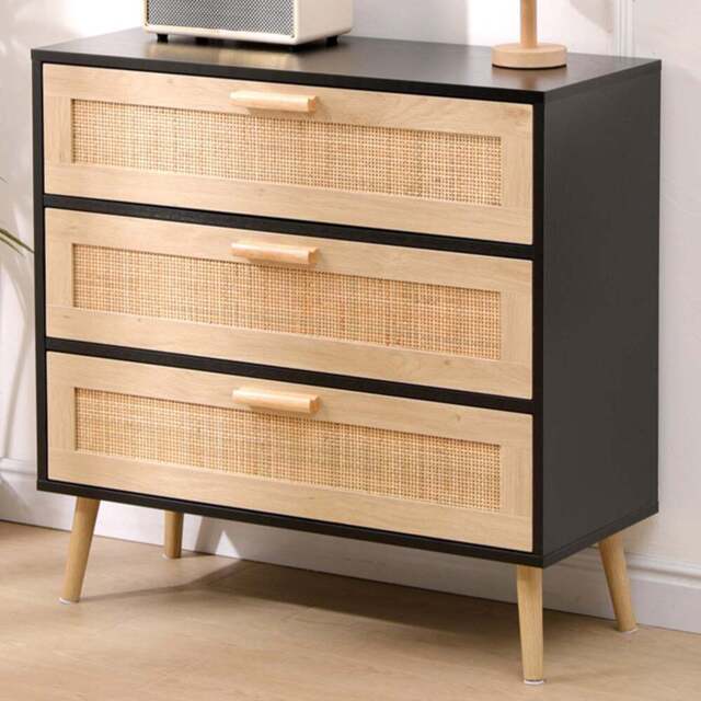 FurnitureHMD 3 Drawer Black and Natural Rattan Woven Front Wooden Chest of Drawers - Wilko - image 1
