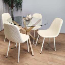 Kosy Koala 4 Seater Glass and Faux Leather Gem Pattern Round Dining Set Cream - Multi - Portland - Wilko