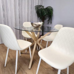 Kosy Koala 4 Seater Glass and Faux Leather Gem Pattern Round Dining Set Cream - Multi - Portland - Wilko - thumbnail 4