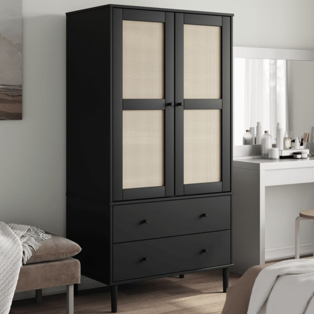 vidaXL Senja Single Door 2 Drawer 6 Shelf Black Solid Pine Wood Rattan Look Highboard - Size: 112 x 90 x 40cm - Wilko - image 1