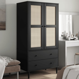 vidaXL Senja Single Door 2 Drawer 6 Shelf Black Solid Pine Wood Rattan Look Highboard - Size: 112 x 90 x 40cm - Wilko