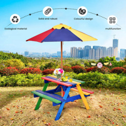 Costway 4 Seater Kids Wooden Picnic Table and Bench Set with Umbrella - Multi - Wilko - thumbnail 6