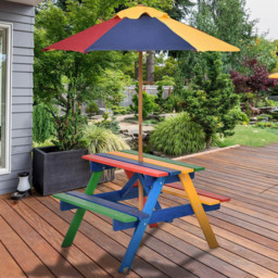 Costway 4 Seater Kids Wooden Picnic Table and Bench Set with Umbrella - Multi - Wilko - thumbnail 1